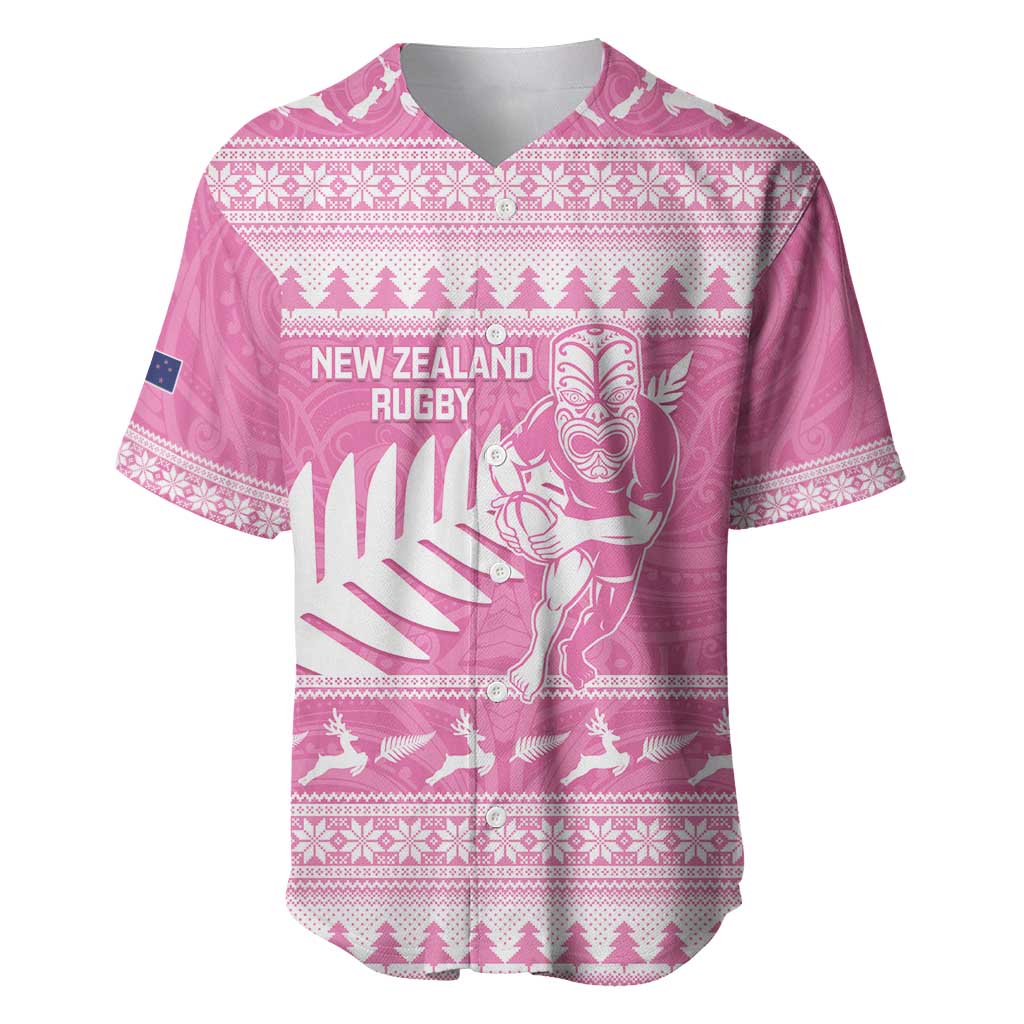 New Zealand Christmas Rugby Personalised Baseball Jersey Meri Kirihimete All Black Maori Pink Version LT14 Pink - Polynesian Pride