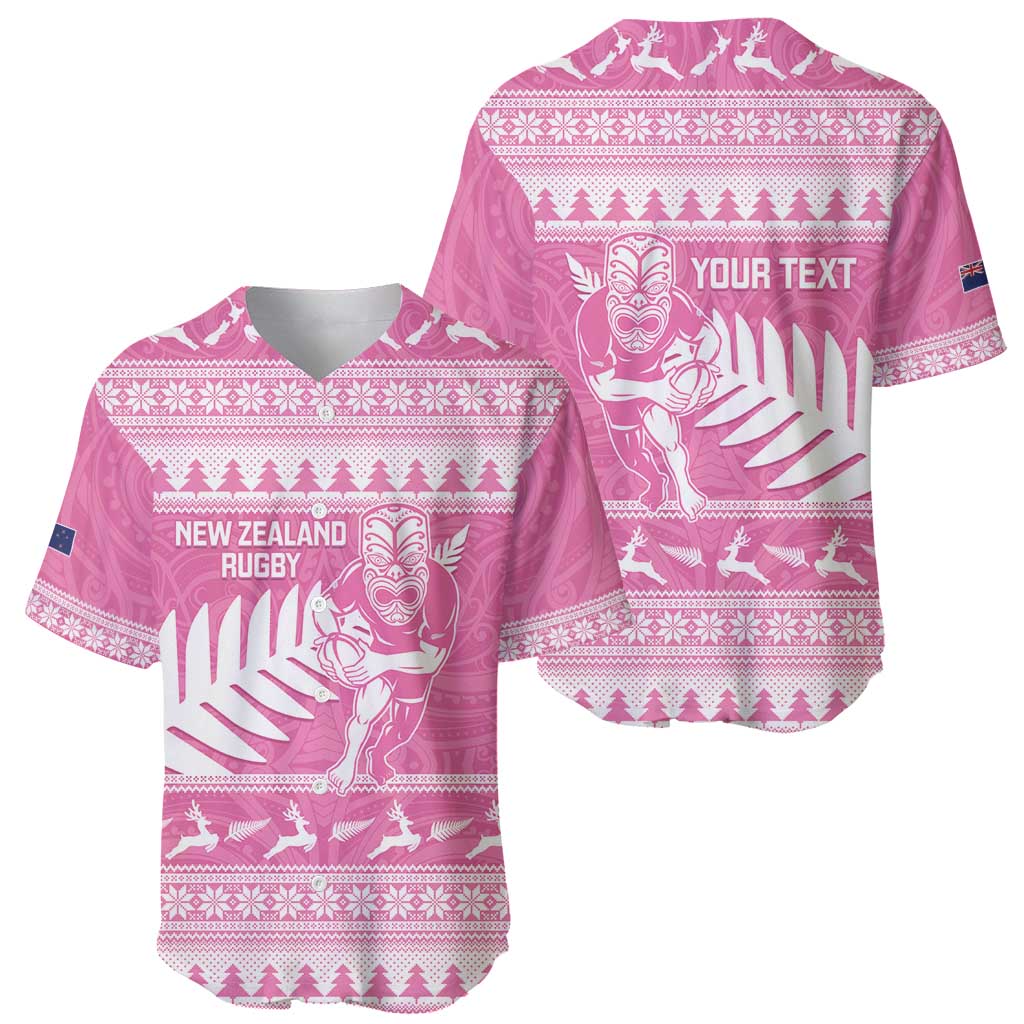New Zealand Christmas Rugby Personalised Baseball Jersey Meri Kirihimete All Black Maori Pink Version LT14 - Polynesian Pride