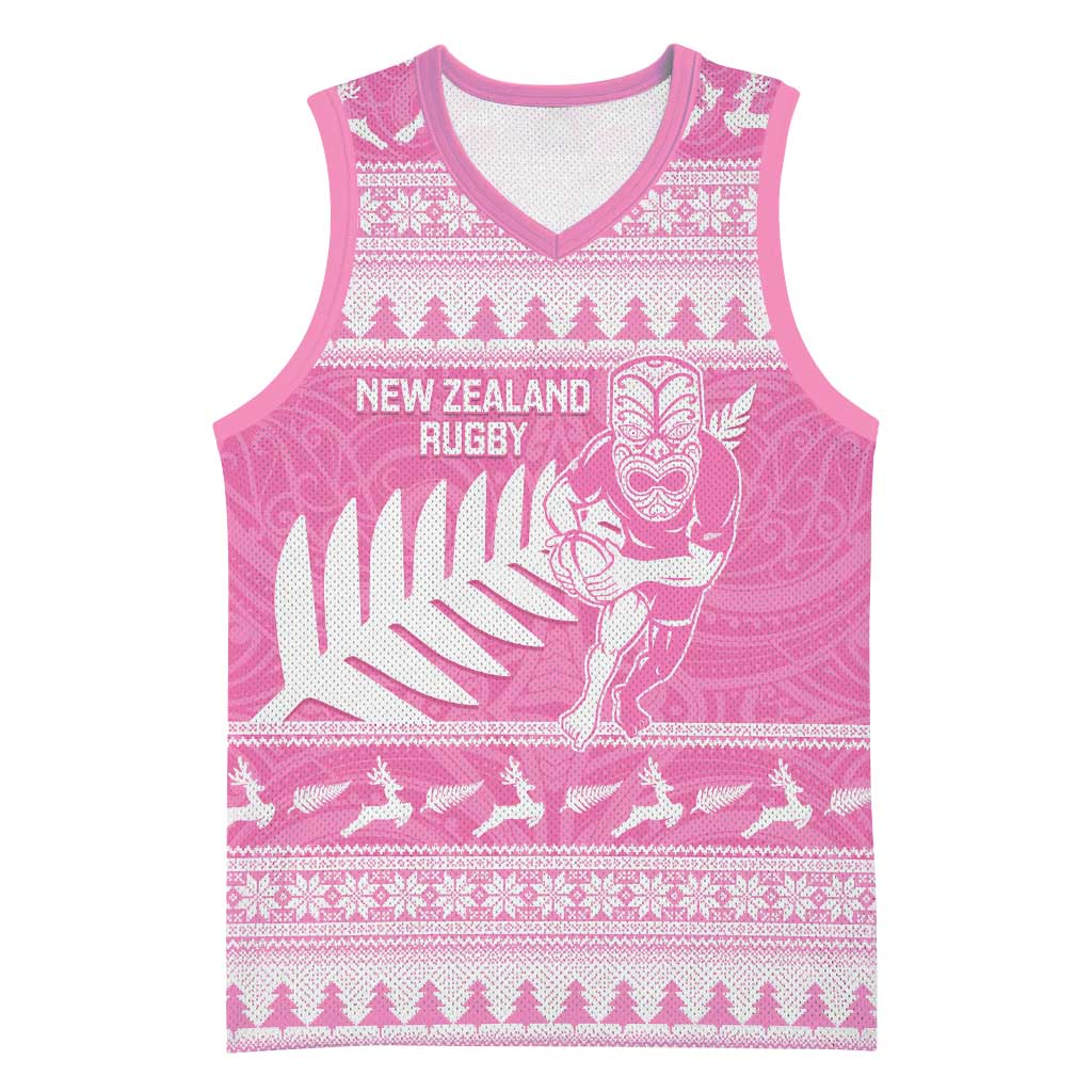 New Zealand Christmas Rugby Personalised Basketball Jersey Meri Kirihimete All Black Maori Pink Version LT14 Unisex Pink - Polynesian Pride