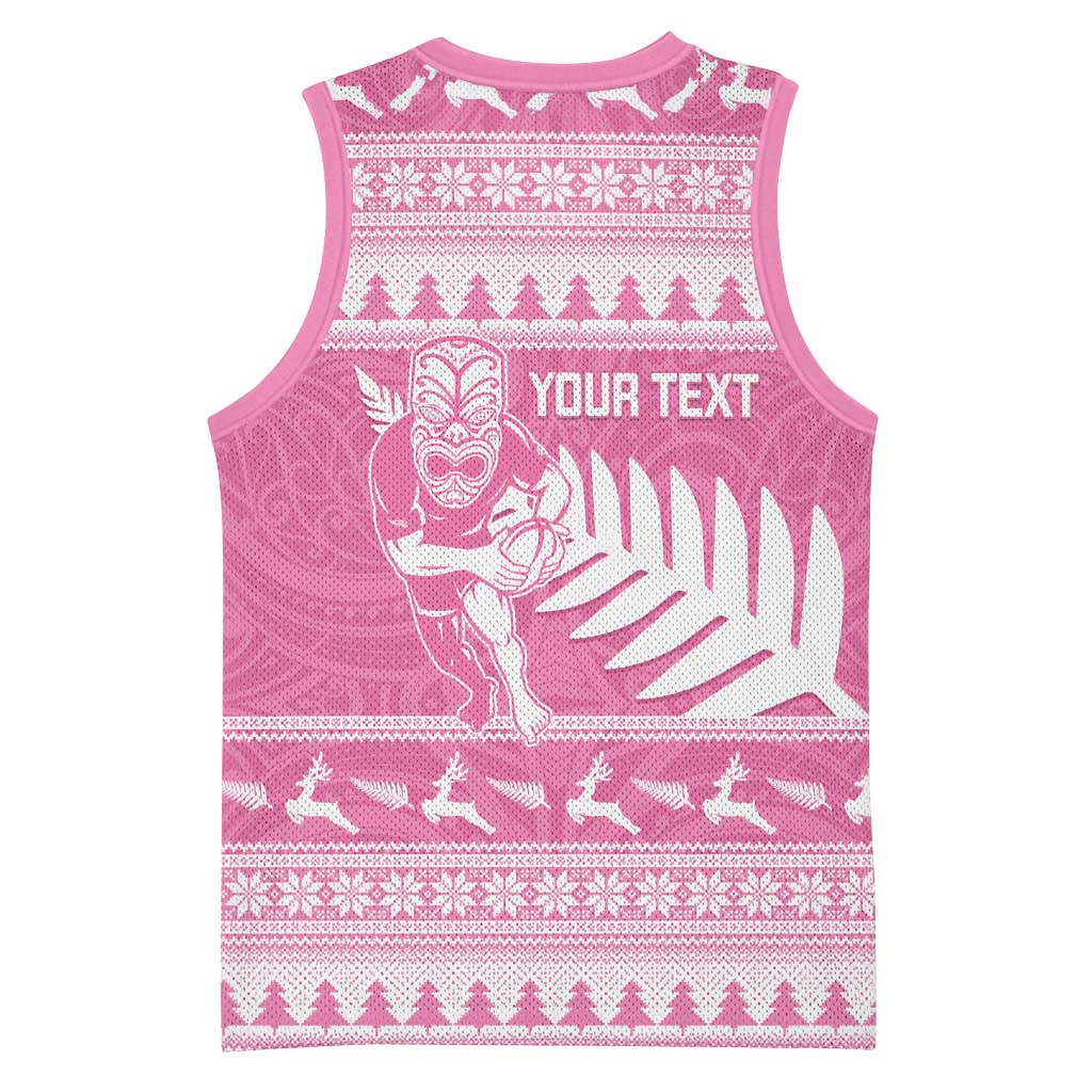 New Zealand Christmas Rugby Personalised Basketball Jersey Meri Kirihimete All Black Maori Pink Version LT14 - Polynesian Pride