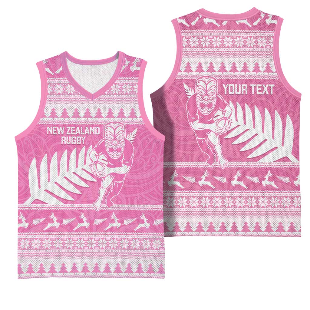 New Zealand Christmas Rugby Personalised Basketball Jersey Meri Kirihimete All Black Maori Pink Version LT14 - Polynesian Pride