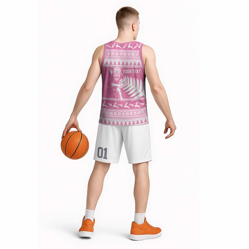 New Zealand Christmas Rugby Personalised Basketball Jersey Meri Kirihimete All Black Maori Pink Version LT14 - Polynesian Pride