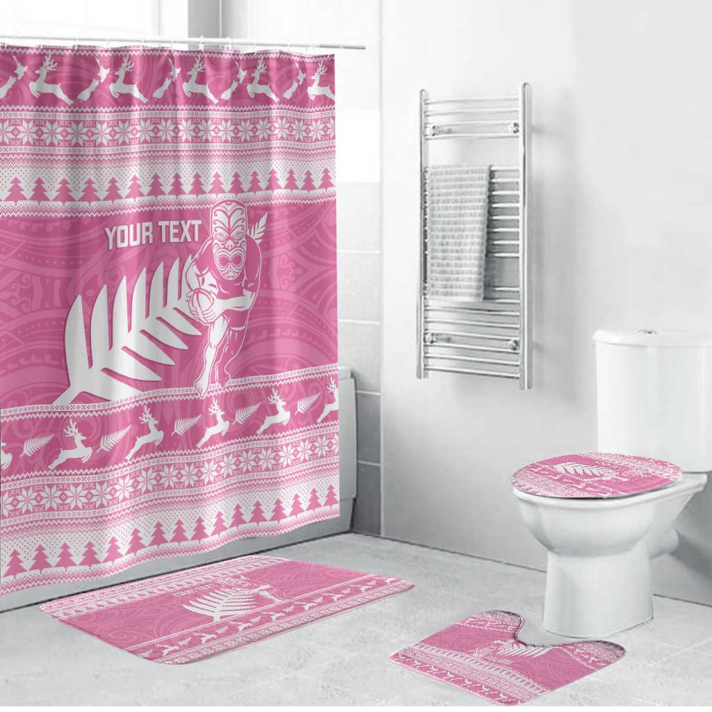New Zealand Christmas Rugby Personalised Bathroom Set Meri Kirihimete All Black Maori Pink Version LT14 Bathroom Set (4 pcs) Pink - Polynesian Pride