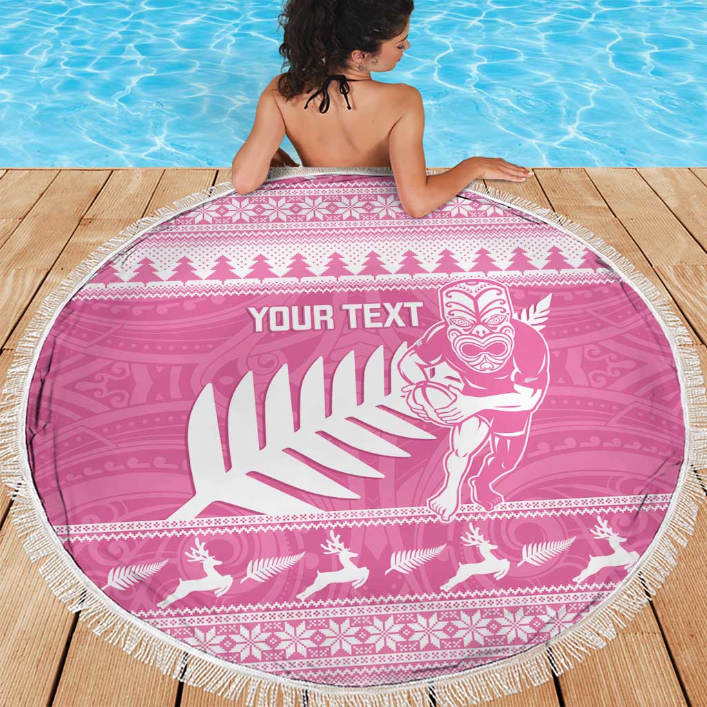 New Zealand Christmas Rugby Personalised Beach Blanket Meri Kirihimete All Black Maori Pink Version LT14 - Polynesian Pride