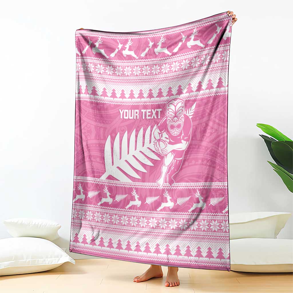 New Zealand Christmas Rugby Personalised Blanket Meri Kirihimete All Black Maori Pink Version LT14 - Polynesian Pride