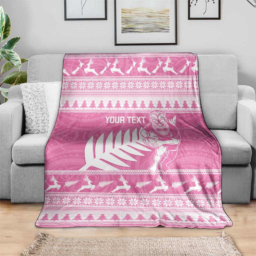 New Zealand Christmas Rugby Personalised Blanket Meri Kirihimete All Black Maori Pink Version LT14 - Polynesian Pride