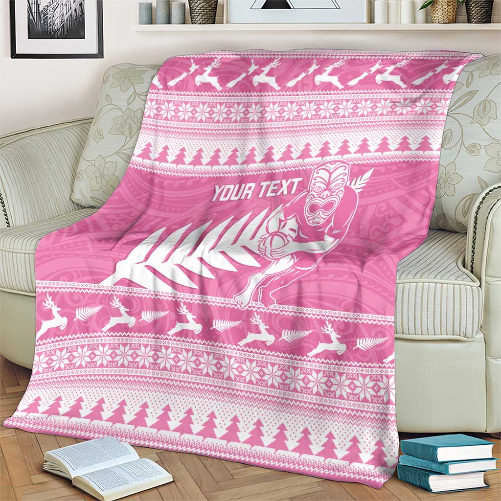 New Zealand Christmas Rugby Personalised Blanket Meri Kirihimete All Black Maori Pink Version LT14 - Polynesian Pride