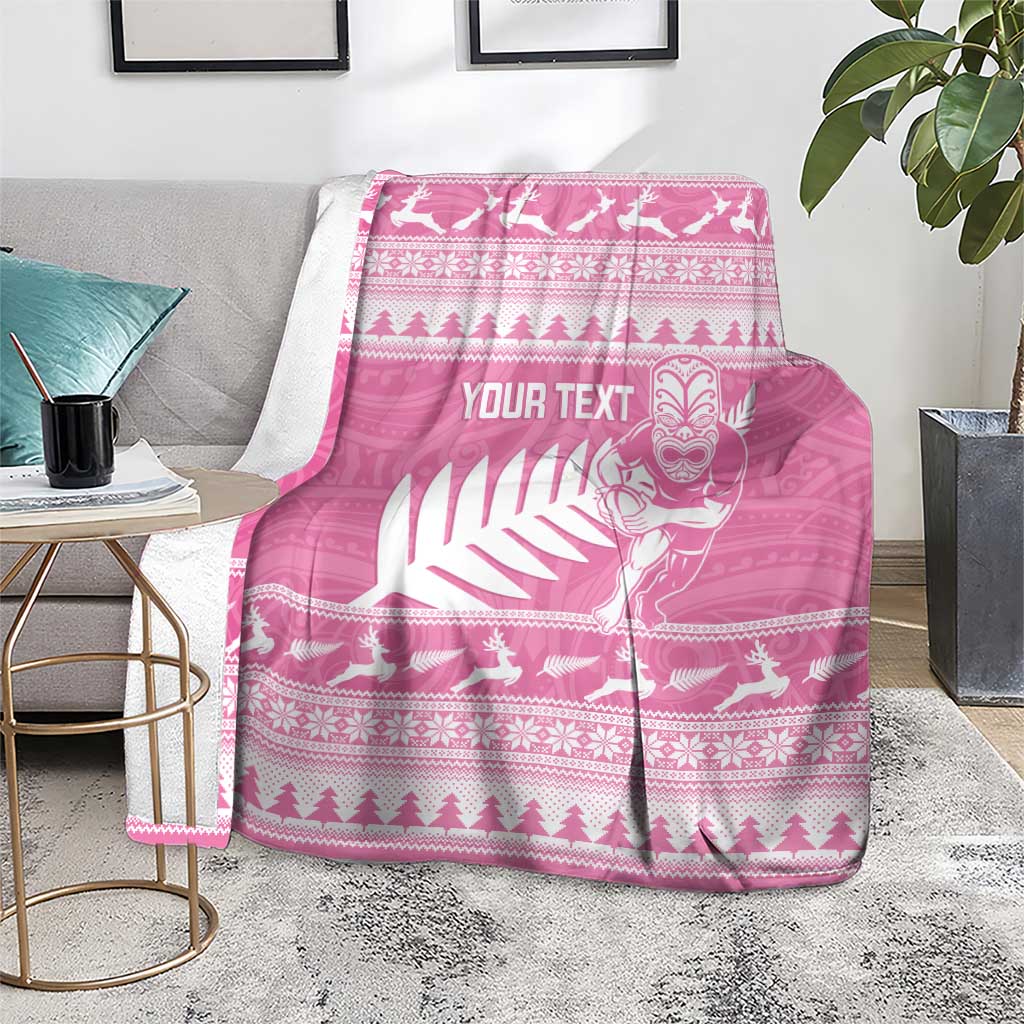 New Zealand Christmas Rugby Personalised Blanket Meri Kirihimete All Black Maori Pink Version LT14 - Polynesian Pride