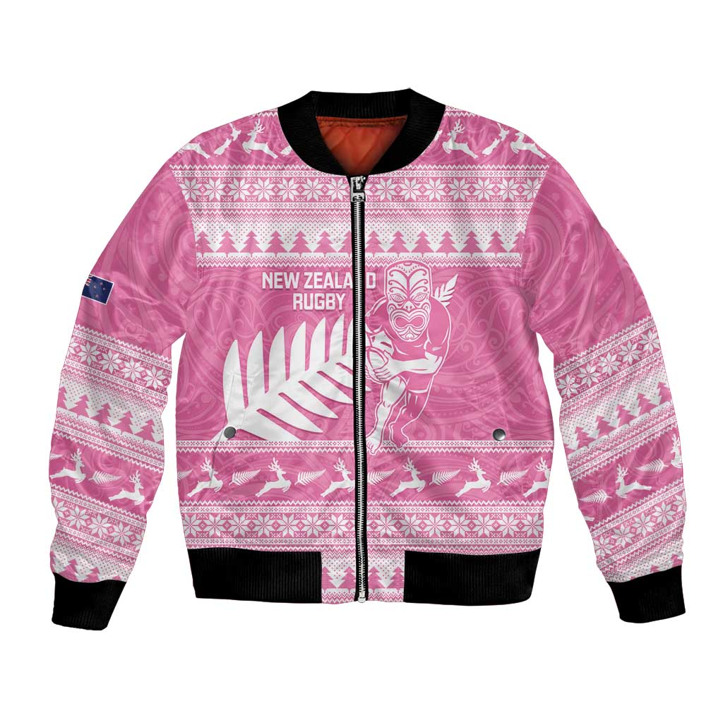 New Zealand Christmas Rugby Personalised Bomber Jacket Meri Kirihimete All Black Maori Pink Version LT14 Unisex Pink - Polynesian Pride