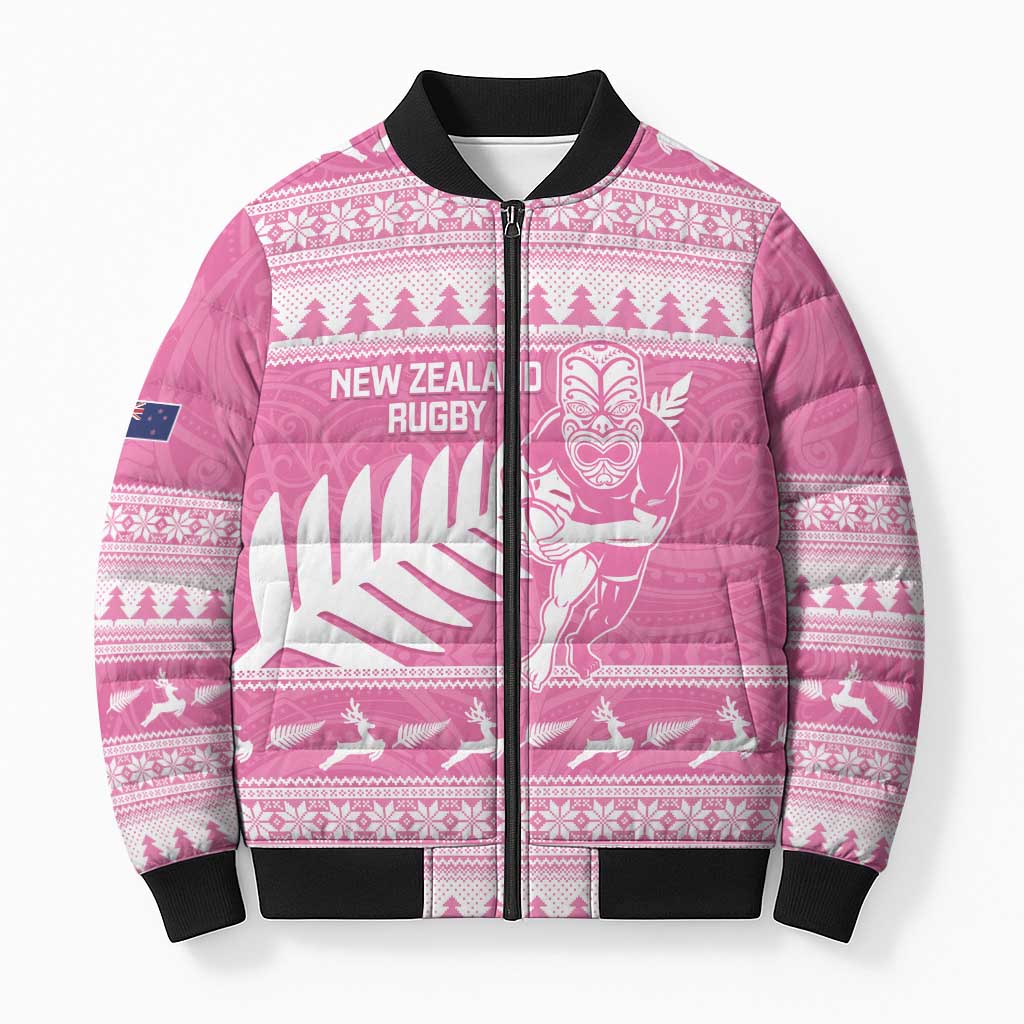 New Zealand Christmas Rugby Personalised Bomber Puffer Jacket Meri Kirihimete All Black Maori Pink Version LT14 Unisex Pink - Polynesian Pride
