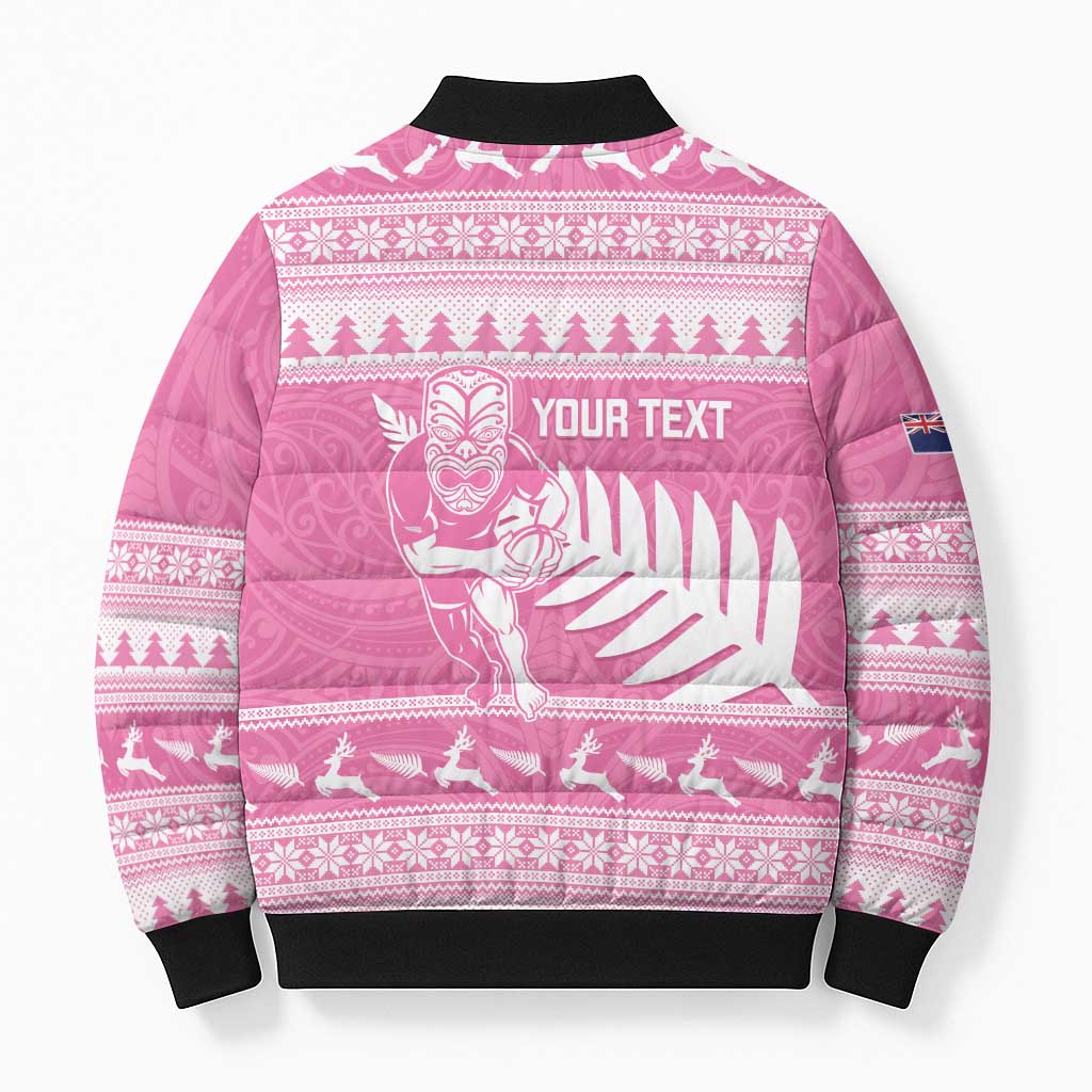 New Zealand Christmas Rugby Personalised Bomber Puffer Jacket Meri Kirihimete All Black Maori Pink Version LT14 - Polynesian Pride