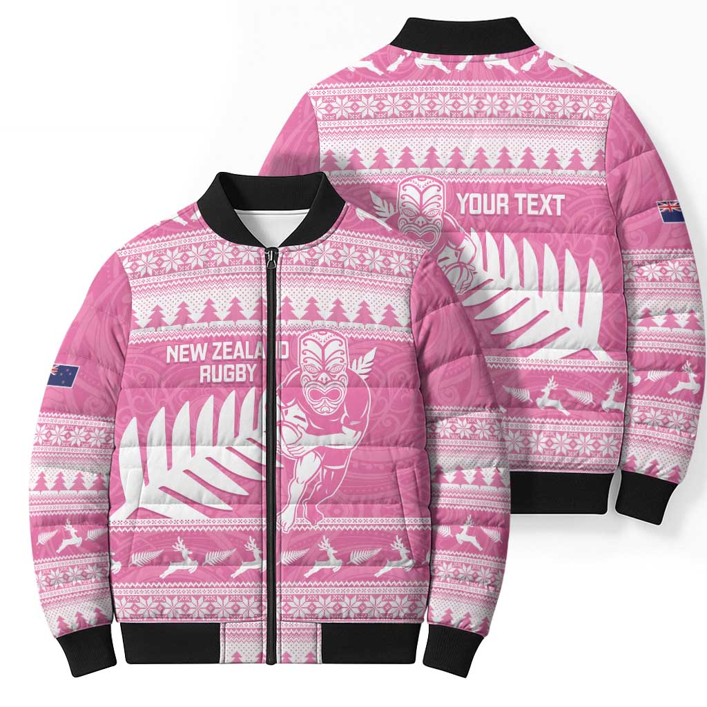 New Zealand Christmas Rugby Personalised Bomber Puffer Jacket Meri Kirihimete All Black Maori Pink Version LT14 - Polynesian Pride