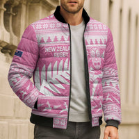 New Zealand Christmas Rugby Personalised Bomber Puffer Jacket Meri Kirihimete All Black Maori Pink Version LT14 - Polynesian Pride