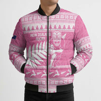 New Zealand Christmas Rugby Personalised Bomber Puffer Jacket Meri Kirihimete All Black Maori Pink Version LT14 - Polynesian Pride