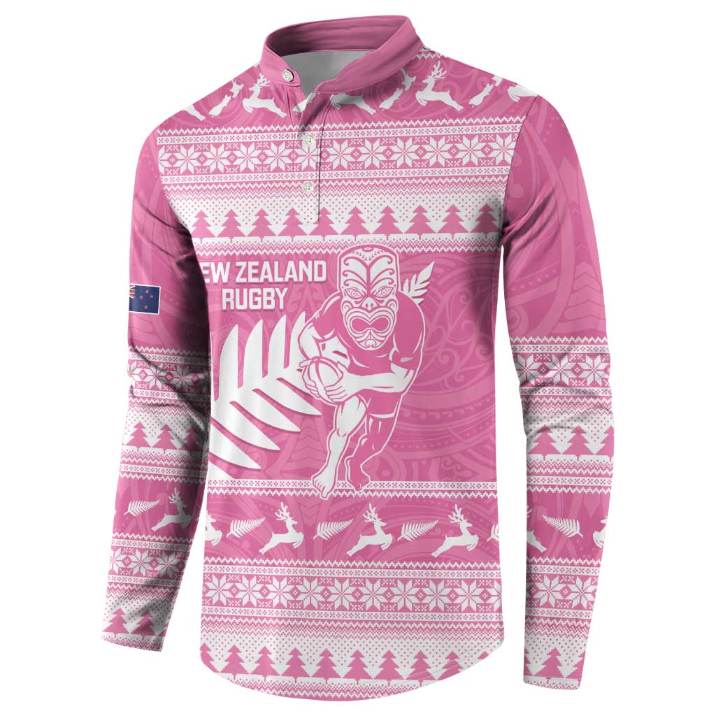New Zealand Christmas Rugby Personalised Button Sweatshirt Meri Kirihimete All Black Maori Pink Version LT14 - Polynesian Pride