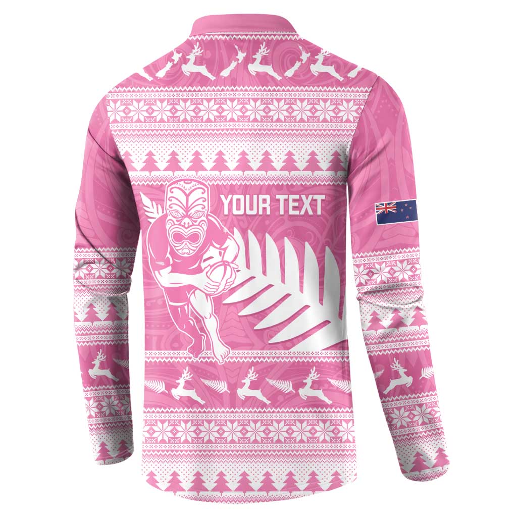 New Zealand Christmas Rugby Personalised Button Sweatshirt Meri Kirihimete All Black Maori Pink Version LT14 - Polynesian Pride