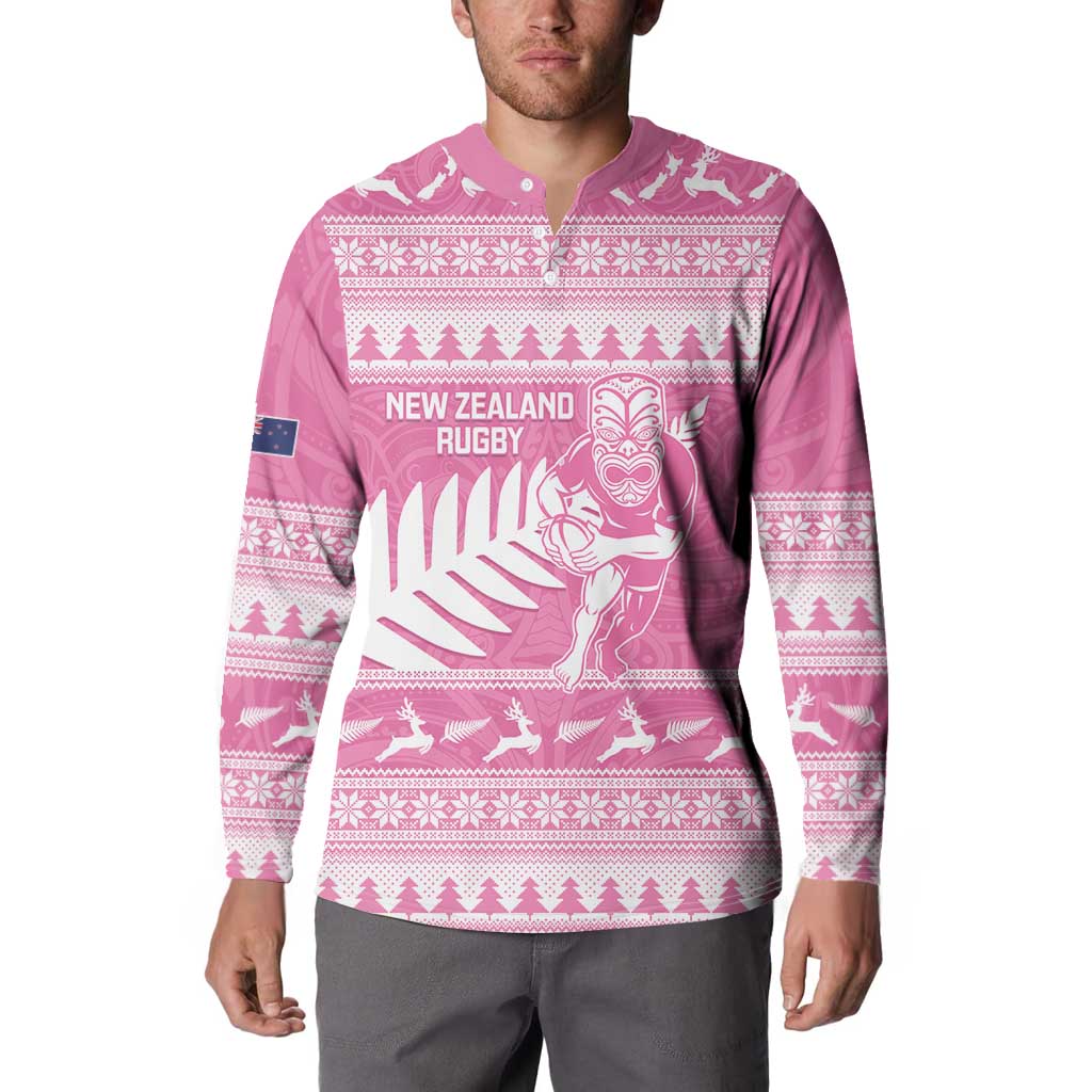 New Zealand Christmas Rugby Personalised Button Sweatshirt Meri Kirihimete All Black Maori Pink Version LT14 - Polynesian Pride