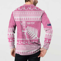 New Zealand Christmas Rugby Personalised Button Sweatshirt Meri Kirihimete All Black Maori Pink Version LT14 - Polynesian Pride