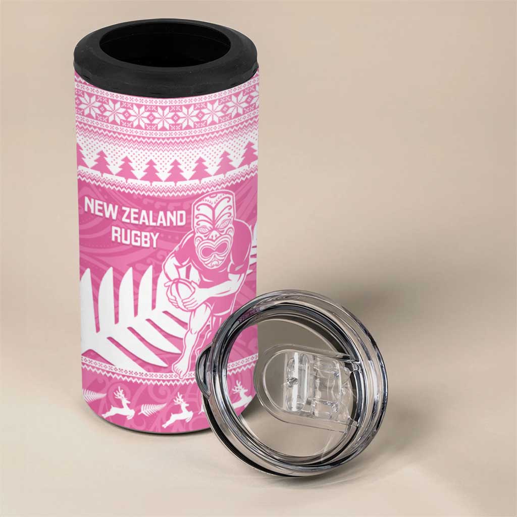 New Zealand Christmas Rugby Personalised 4 in 1 Can Cooler Tumbler Meri Kirihimete All Black Maori Pink Version LT14 - Polynesian Pride