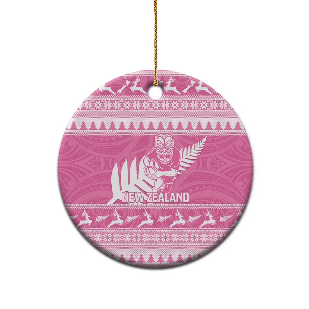 New Zealand Christmas Rugby Personalised Ceramic Ornament Meri Kirihimete All Black Maori Pink Version LT14 - Polynesian Pride