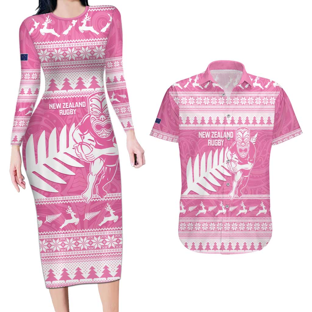 New Zealand Christmas Rugby Personalised Couples Matching Long Sleeve Bodycon Dress and Hawaiian Shirt Meri Kirihimete All Black Maori Pink Version LT14 Pink - Polynesian Pride