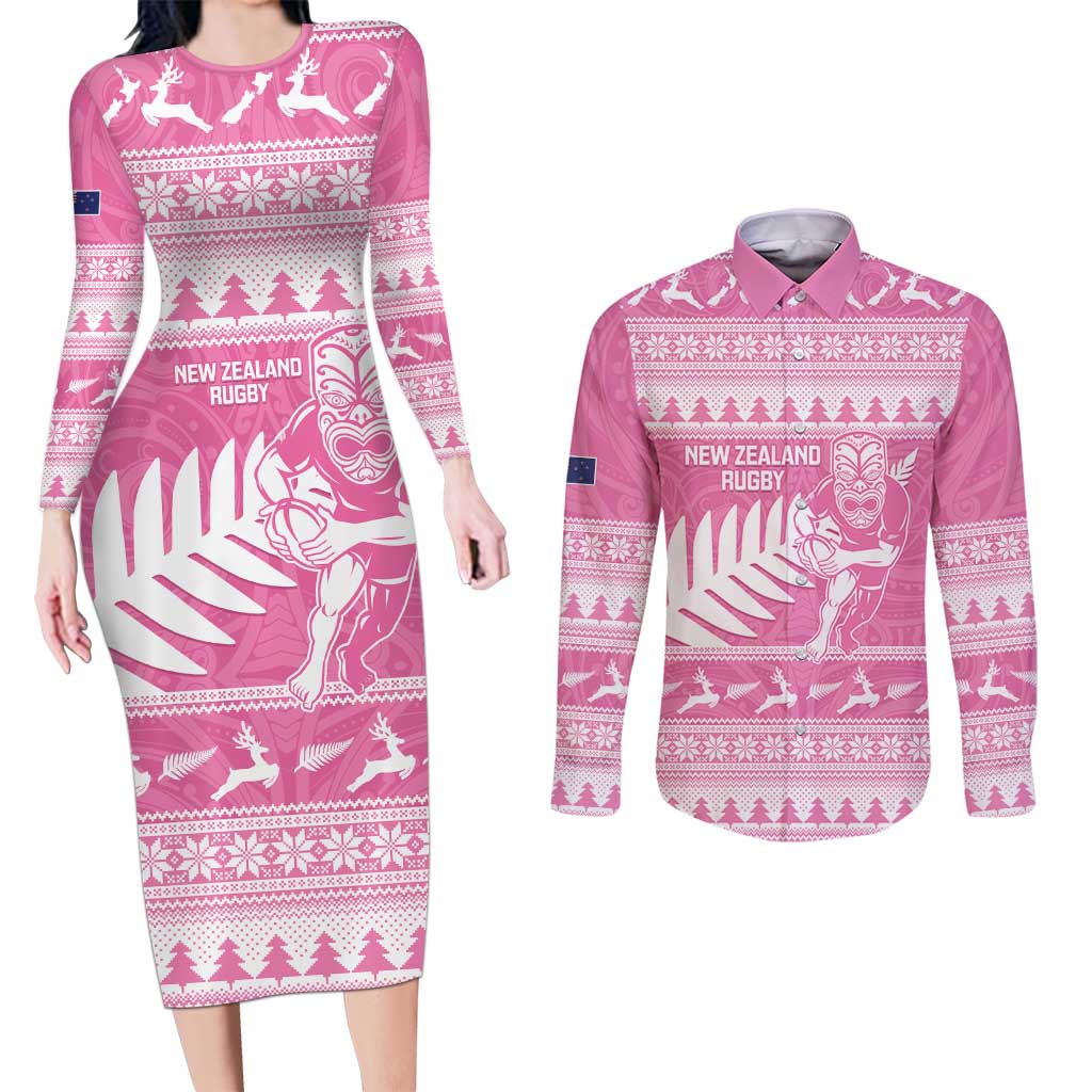 New Zealand Christmas Rugby Personalised Couples Matching Long Sleeve Bodycon Dress and Long Sleeve Button Shirt Meri Kirihimete All Black Maori Pink Version LT14 Pink - Polynesian Pride