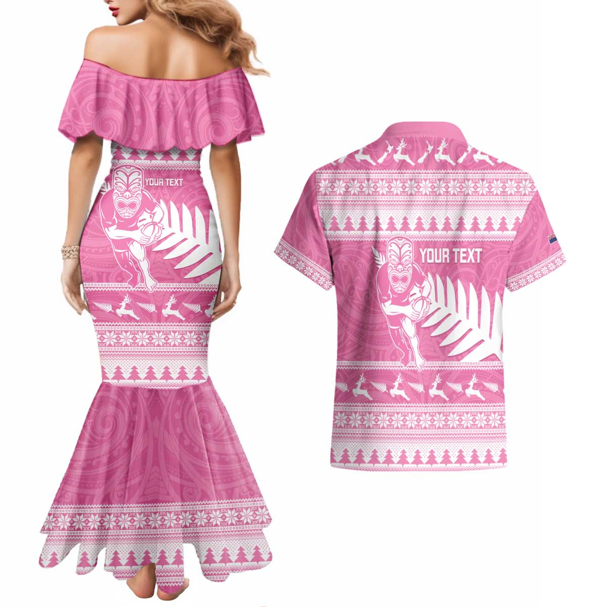 New Zealand Christmas Rugby Personalised Couples Matching Mermaid Dress and Hawaiian Shirt Meri Kirihimete All Black Maori Pink Version LT14 - Polynesian Pride