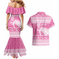 New Zealand Christmas Rugby Personalised Couples Matching Mermaid Dress and Hawaiian Shirt Meri Kirihimete All Black Maori Pink Version LT14 - Polynesian Pride