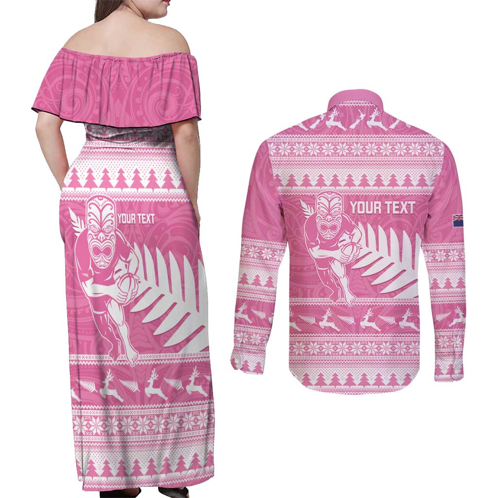 New Zealand Christmas Rugby Personalised Couples Matching Off Shoulder Maxi Dress and Long Sleeve Button Shirt Meri Kirihimete All Black Maori Pink Version LT14 - Polynesian Pride