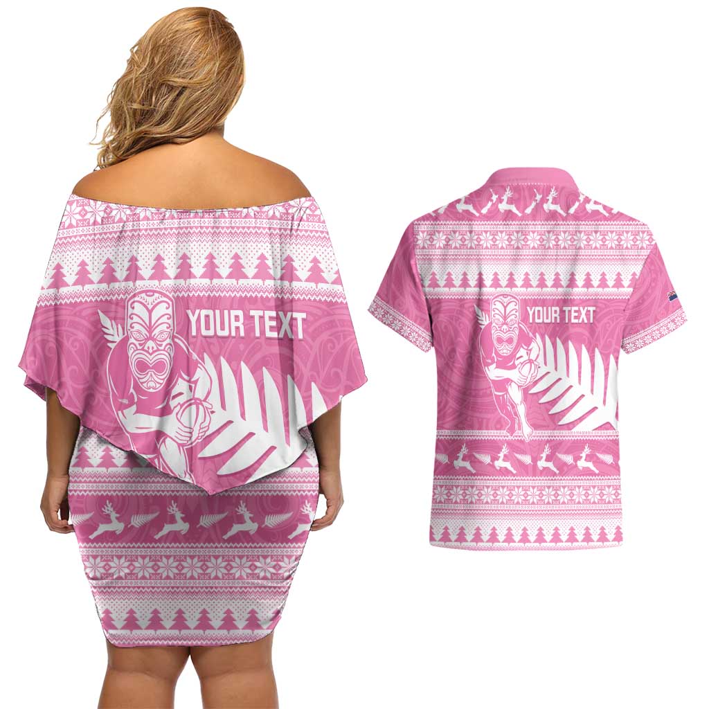 New Zealand Christmas Rugby Personalised Couples Matching Off Shoulder Short Dress and Hawaiian Shirt Meri Kirihimete All Black Maori Pink Version LT14 - Polynesian Pride