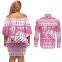 New Zealand Christmas Rugby Personalised Couples Matching Off Shoulder Short Dress and Long Sleeve Button Shirt Meri Kirihimete All Black Maori Pink Version LT14 - Polynesian Pride