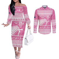 New Zealand Christmas Rugby Personalised Couples Matching Off The Shoulder Long Sleeve Dress and Long Sleeve Button Shirt Meri Kirihimete All Black Maori Pink Version LT14 Pink - Polynesian Pride