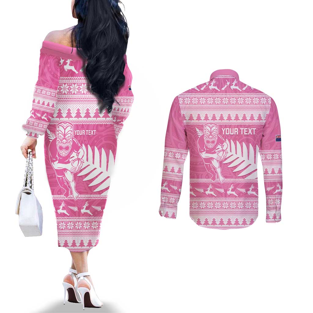 New Zealand Christmas Rugby Personalised Couples Matching Off The Shoulder Long Sleeve Dress and Long Sleeve Button Shirt Meri Kirihimete All Black Maori Pink Version LT14 - Polynesian Pride