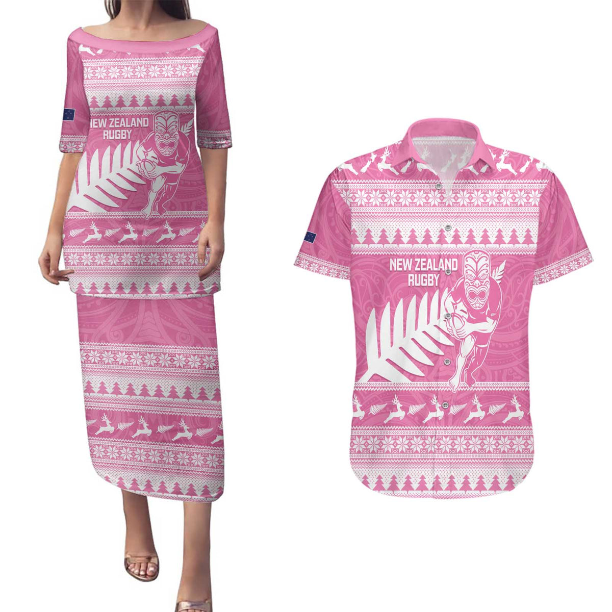 New Zealand Christmas Rugby Personalised Couples Matching Puletasi and Hawaiian Shirt Meri Kirihimete All Black Maori Pink Version LT14 Pink - Polynesian Pride