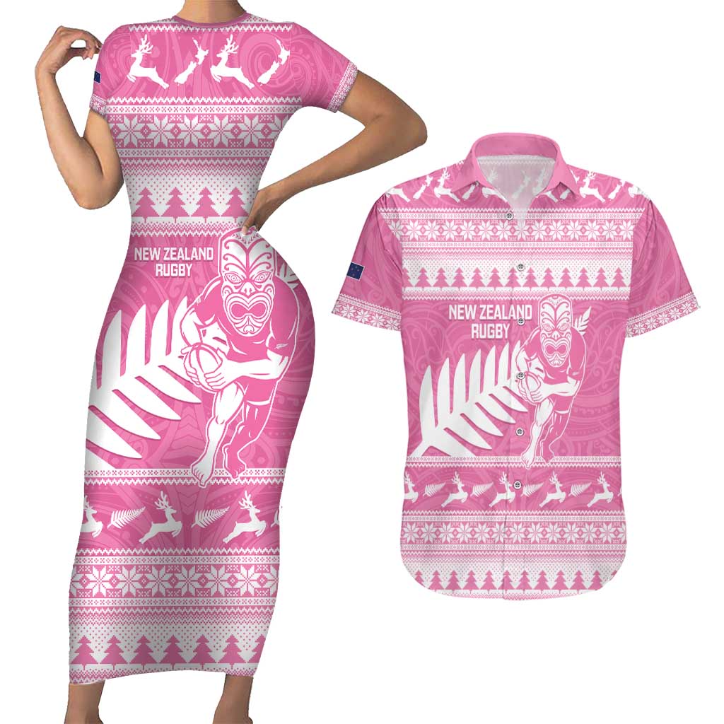 New Zealand Christmas Rugby Personalised Couples Matching Short Sleeve Bodycon Dress and Hawaiian Shirt Meri Kirihimete All Black Maori Pink Version LT14 Pink - Polynesian Pride