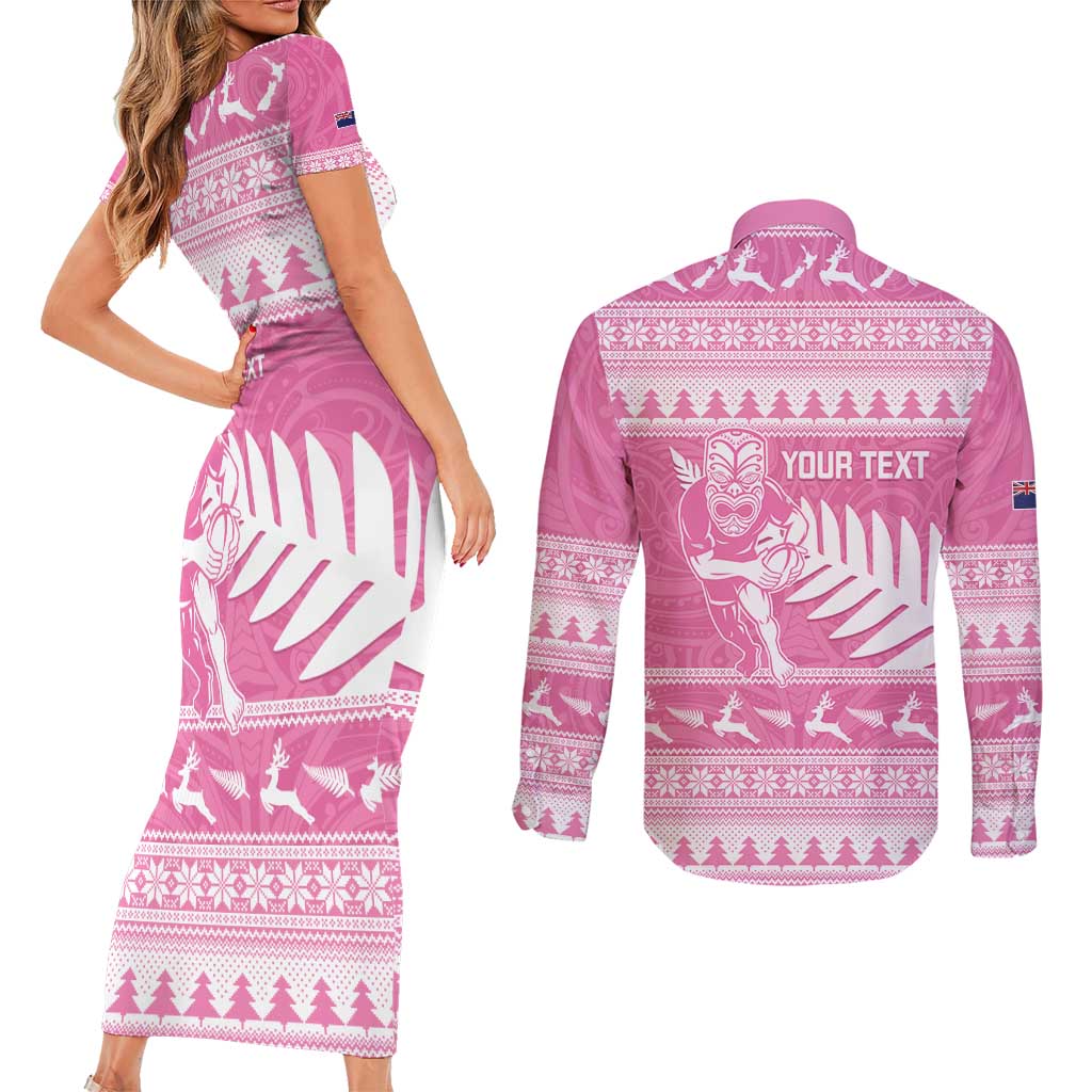 New Zealand Christmas Rugby Personalised Couples Matching Short Sleeve Bodycon Dress and Long Sleeve Button Shirt Meri Kirihimete All Black Maori Pink Version LT14 - Polynesian Pride