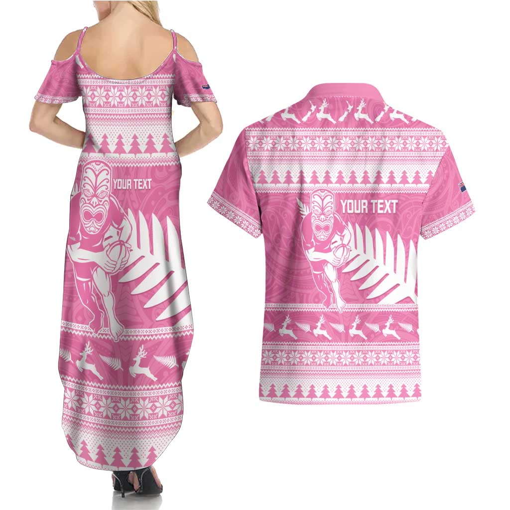 New Zealand Christmas Rugby Personalised Couples Matching Summer Maxi Dress and Hawaiian Shirt Meri Kirihimete All Black Maori Pink Version LT14 - Polynesian Pride