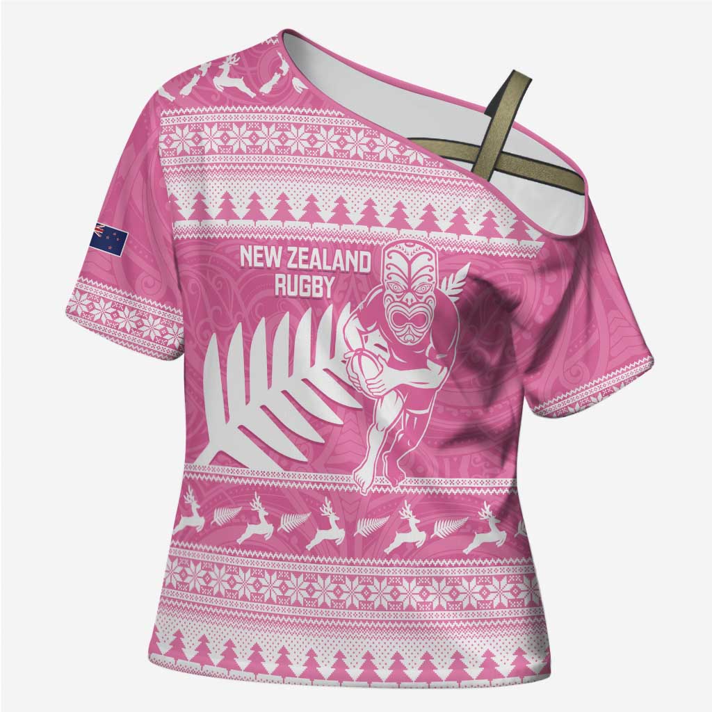 New Zealand Christmas Rugby Personalised Cross Shoulder Shirt Meri Kirihimete All Black Maori Pink Version LT14 Female Pink - Polynesian Pride