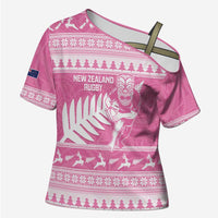 New Zealand Christmas Rugby Personalised Cross Shoulder Shirt Meri Kirihimete All Black Maori Pink Version LT14 Female Pink - Polynesian Pride