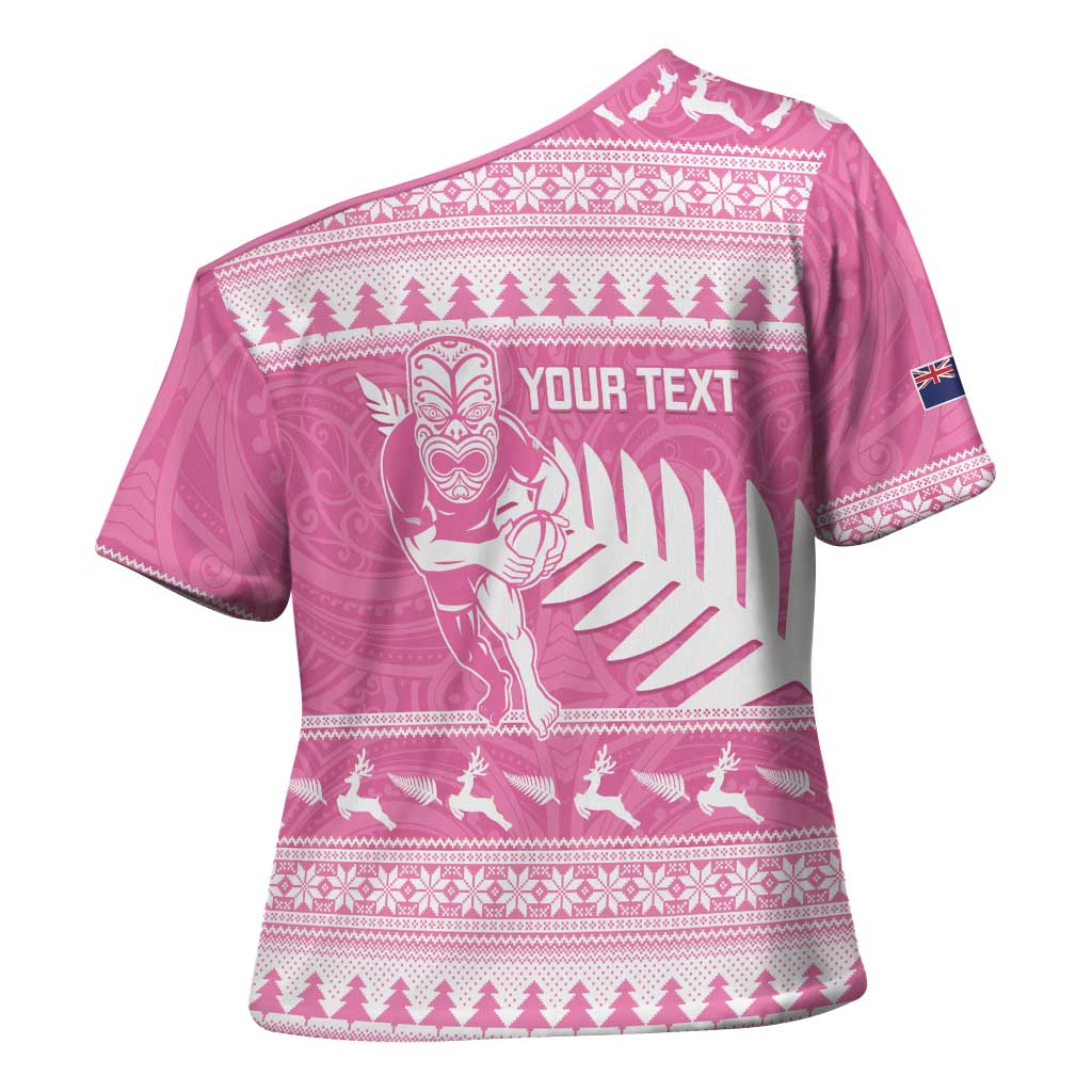 New Zealand Christmas Rugby Personalised Cross Shoulder Shirt Meri Kirihimete All Black Maori Pink Version LT14 - Polynesian Pride