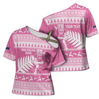 New Zealand Christmas Rugby Personalised Cross Shoulder Shirt Meri Kirihimete All Black Maori Pink Version LT14 - Polynesian Pride