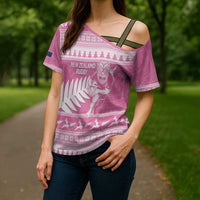 New Zealand Christmas Rugby Personalised Cross Shoulder Shirt Meri Kirihimete All Black Maori Pink Version LT14 - Polynesian Pride