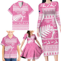 New Zealand Christmas Rugby Personalised Family Matching Long Sleeve Bodycon Dress and Hawaiian Shirt Meri Kirihimete All Black Maori Pink Version LT14 - Polynesian Pride