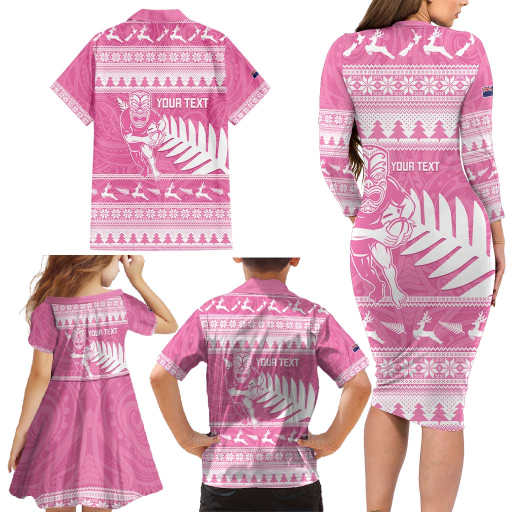 New Zealand Christmas Rugby Personalised Family Matching Long Sleeve Bodycon Dress and Hawaiian Shirt Meri Kirihimete All Black Maori Pink Version LT14 - Polynesian Pride