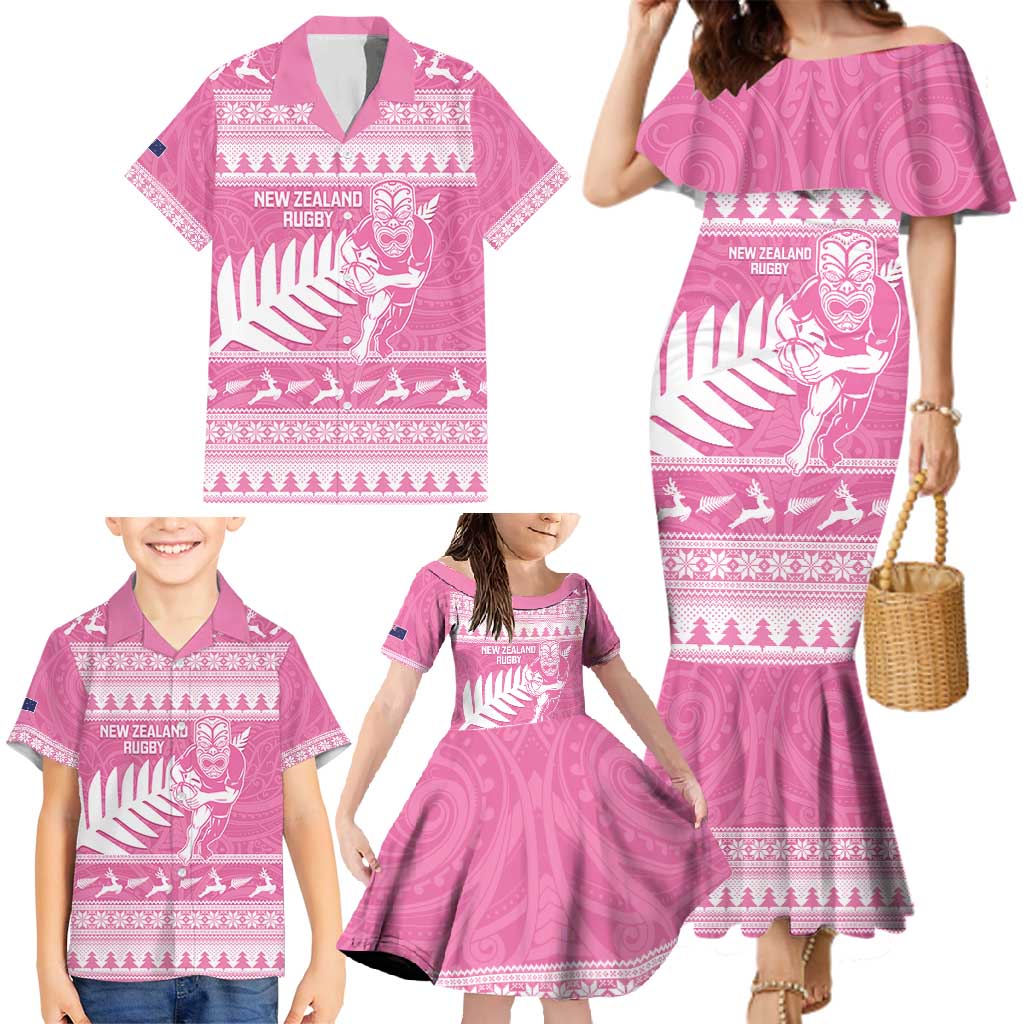 New Zealand Christmas Rugby Personalised Family Matching Mermaid Dress and Hawaiian Shirt Meri Kirihimete All Black Maori Pink Version LT14 - Polynesian Pride