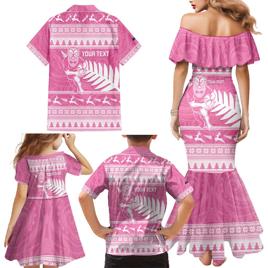 New Zealand Christmas Rugby Personalised Family Matching Mermaid Dress and Hawaiian Shirt Meri Kirihimete All Black Maori Pink Version LT14 - Polynesian Pride