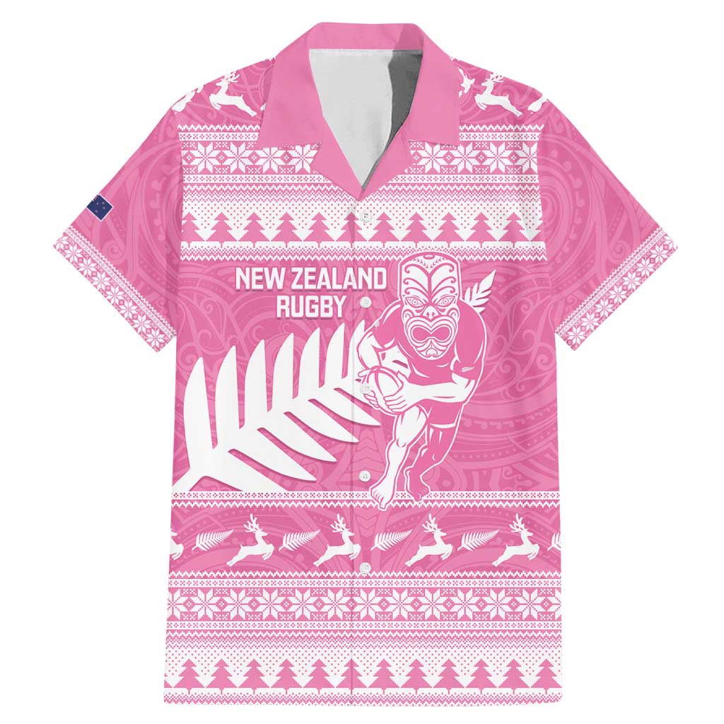 New Zealand Christmas Rugby Personalised Family Matching Mermaid Dress and Hawaiian Shirt Meri Kirihimete All Black Maori Pink Version LT14 Dad's Shirt - Short Sleeve Pink - Polynesian Pride