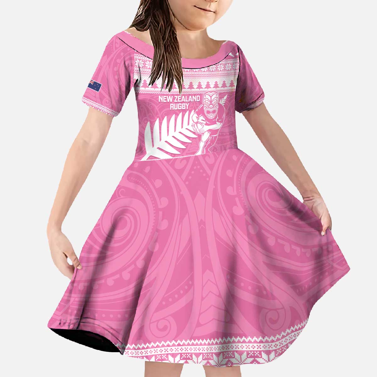 New Zealand Christmas Rugby Personalised Family Matching Off The Shoulder Long Sleeve Dress and Hawaiian Shirt Meri Kirihimete All Black Maori Pink Version LT14 Daughter's Dress Pink - Polynesian Pride