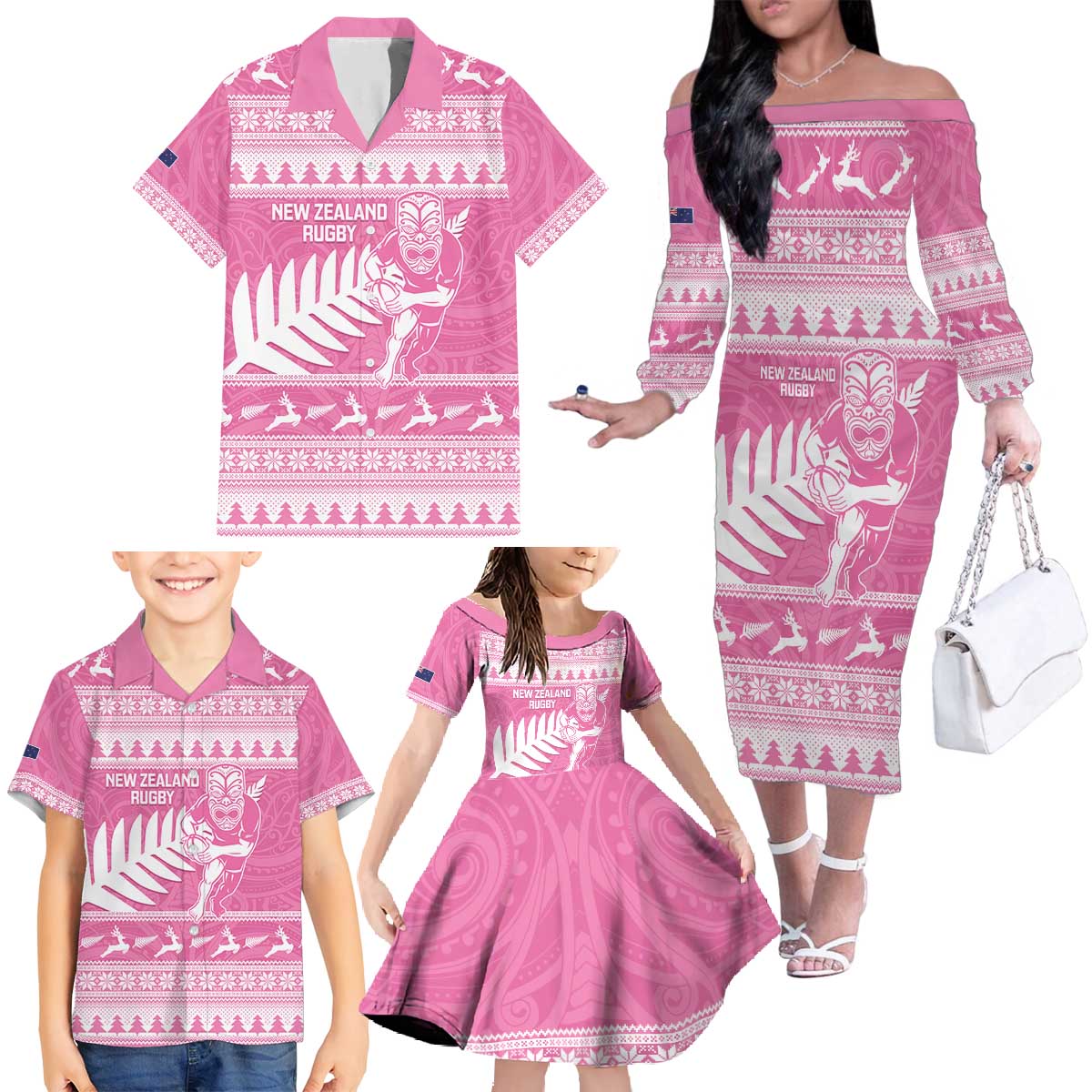 New Zealand Christmas Rugby Personalised Family Matching Off The Shoulder Long Sleeve Dress and Hawaiian Shirt Meri Kirihimete All Black Maori Pink Version LT14 - Polynesian Pride