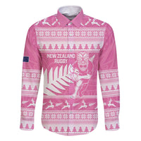 New Zealand Christmas Rugby Personalised Family Matching Off The Shoulder Long Sleeve Dress and Hawaiian Shirt Meri Kirihimete All Black Maori Pink Version LT14 Dad's Shirt - Long Sleeve Pink - Polynesian Pride